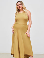 Round Neckline Solid Asymmetrical Ruffle Sleeveless Maxi Dress Curve & Plus
