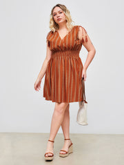 100% Cotton V-neck Boho Tassel Drawstring Shirred Mini Dress Curve & Plus