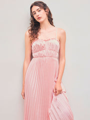 Satin Square Neck Solid Pleated Maxi Dress
