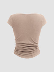 Cotton-blend Boat Neck Solid Ruched Short Sleeve Tee