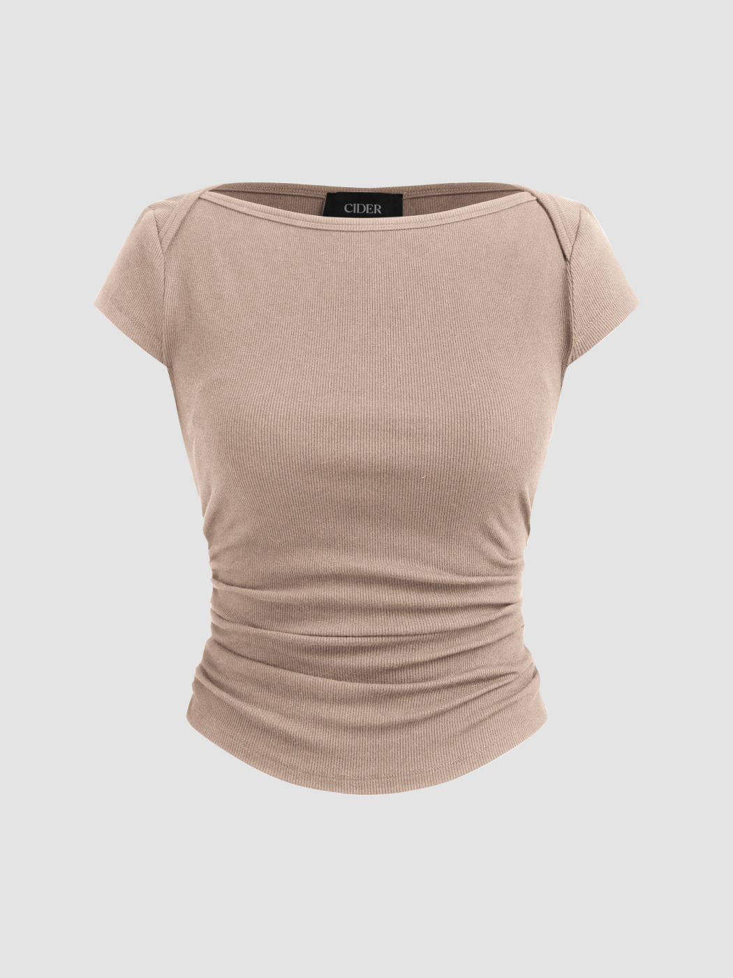 Cotton-blend Boat Neck Solid Ruched Short Sleeve Tee
