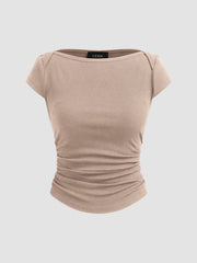 Cotton-blend Boat Neck Solid Ruched Short Sleeve Tee