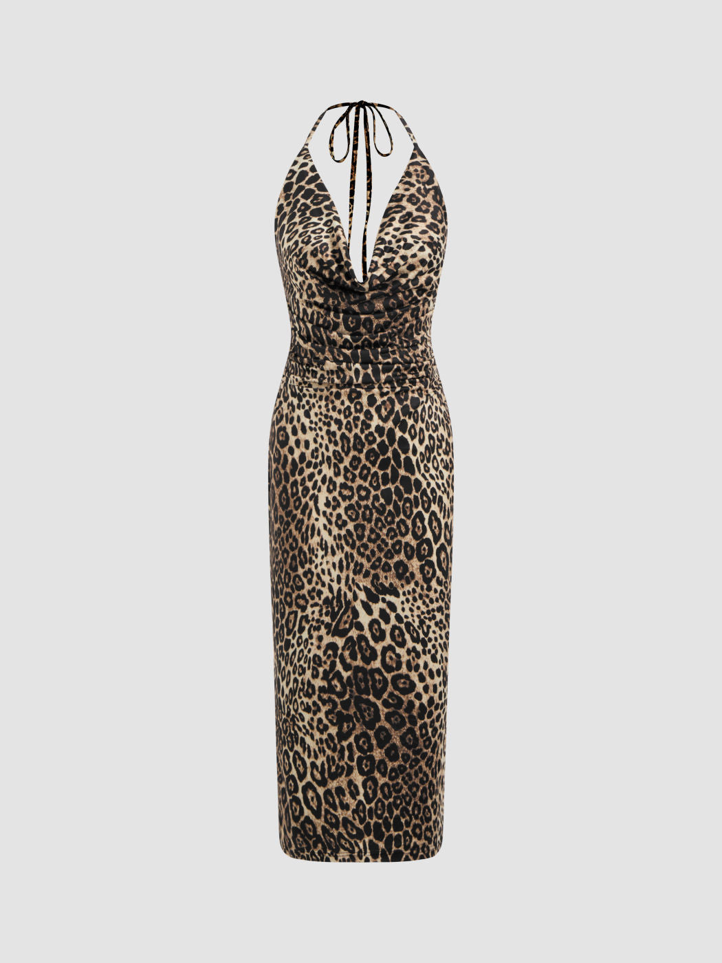 Cowl Neck Leopard Knotted Halter Backless Maxi Dress