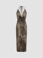 Cowl Neck Leopard Knotted Halter Backless Maxi Dress