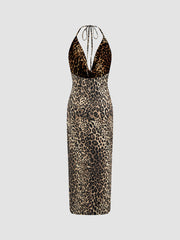 Cowl Neck Leopard Knotted Halter Backless Maxi Dress