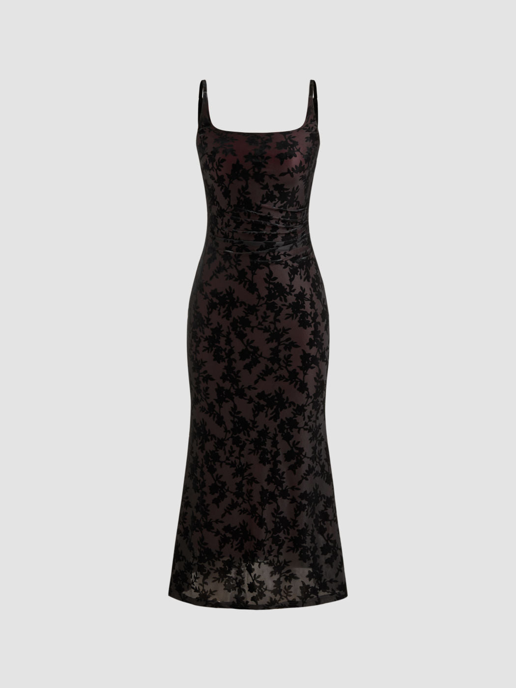 Square Neck Floral Ruched Maxi Dress