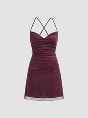 Mesh Cowl Neck Solid Sequin Mini Dress