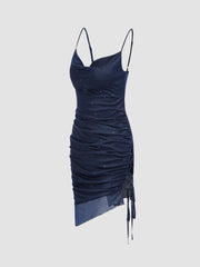 Asymmetrical Hem Glitter Ruched Drawstring Short Dress