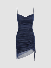 Asymmetrical Hem Glitter Ruched Drawstring Short Dress
