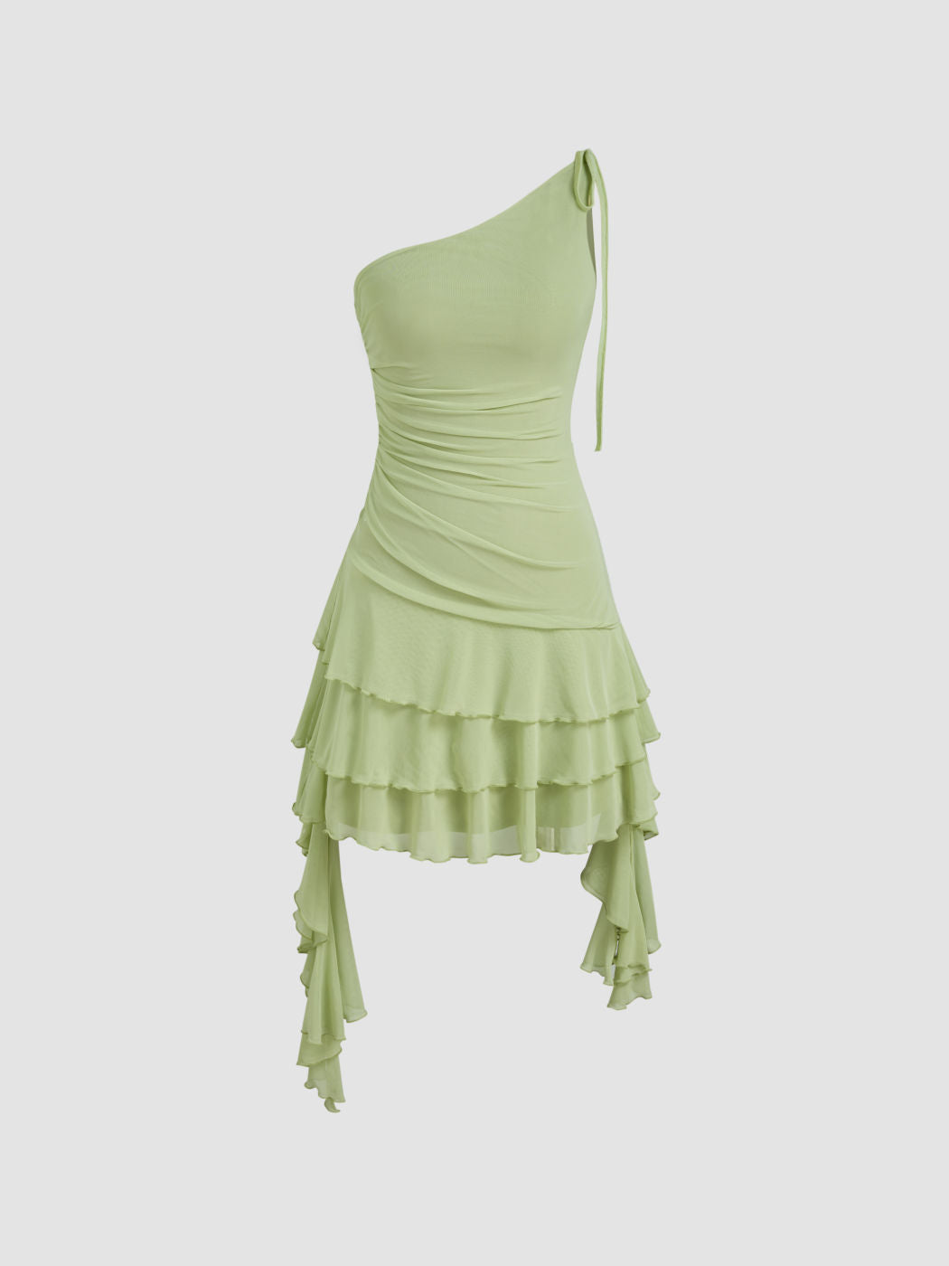 Mesh Asymmetrical Neck Solid Layered Ruffle Hem Mini Dress