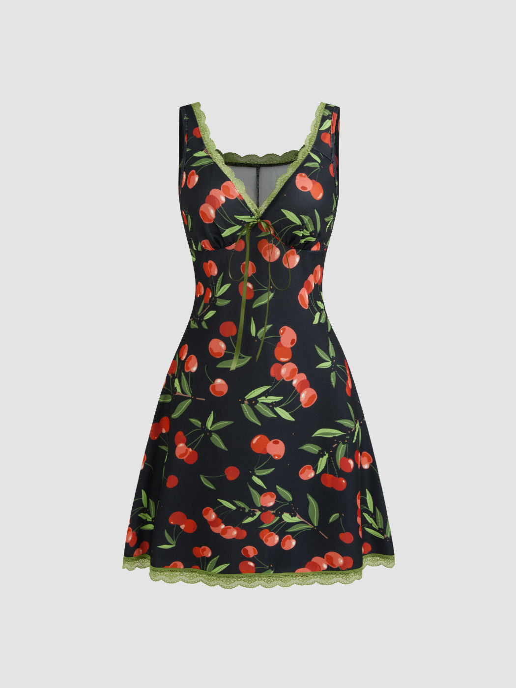 V-neck Strawberry Graphic Contrasting Binding Knotted Mini Dress