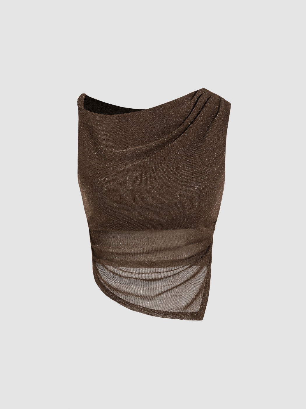 Mesh Asymmetrical Neck Solid Glitter Ruched Tank Top