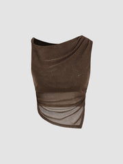 Mesh Asymmetrical Neck Solid Glitter Ruched Tank Top