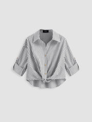 Cotton-blend Collar Striped Knotted Roll-up Long Sleeve Shirt & Solid Sleeveless Wide Leg Jumpsuit