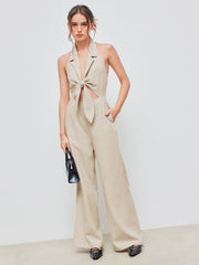 Linen-blend Halter Solid Knotted Shirred Jumpsuit