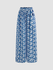 Strapless Solid Ruched Crop Top & Mid Rise Floral Knotted Wide Leg Trousers