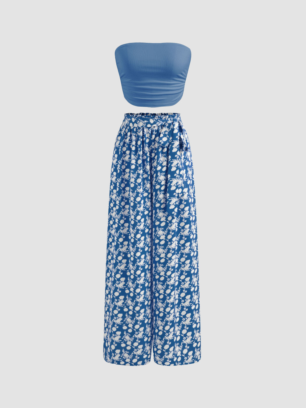 Strapless Solid Ruched Crop Top & Mid Rise Floral Knotted Wide Leg Trousers
