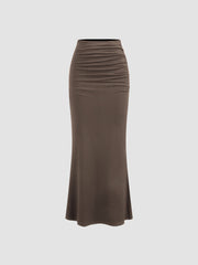 Mid Rise Solid Ruched Maxi Skirt