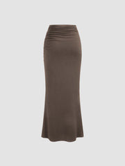Mid Rise Solid Ruched Maxi Skirt