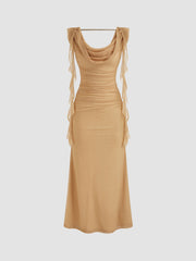 Cowl Neck Solid Ruffle Hem Ruched Maxi Dress