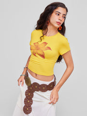 Round Neckline Floral Crop Short Sleeve Tee