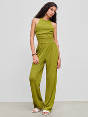 Mid Rise Solid Texture Straight Leg Trousers