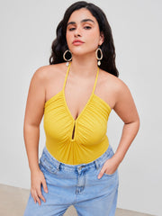 Halter Neckline Solid Ruched Bodysuit Curve & Plus