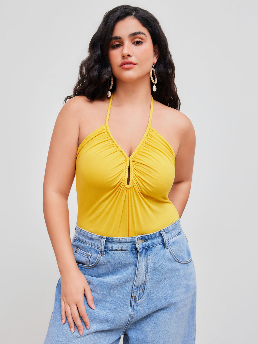 Halter Neckline Solid Ruched Bodysuit Curve & Plus