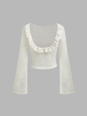 Jacquard Boat Neck Solid Lettuce Trim See-through Crop Top