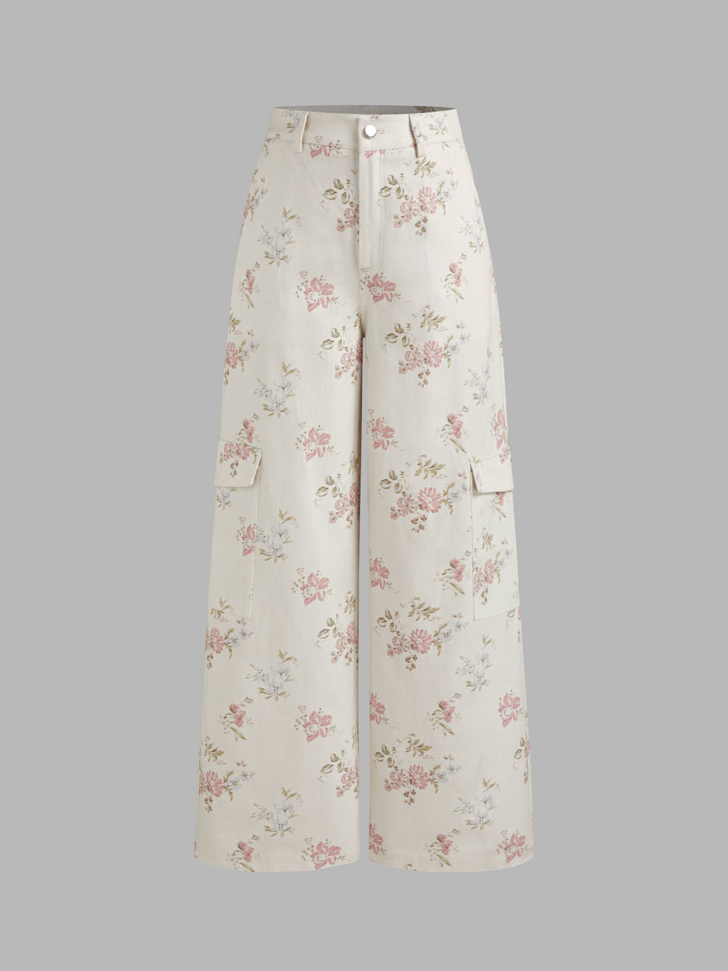 100% Cotton Mid Rise Floral Cargo Wide Leg Pants