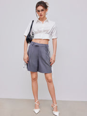 Satin Collar Solid Crop Short Sleeve Shirt