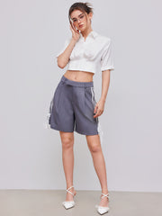 Satin Collar Solid Crop Short Sleeve Shirt