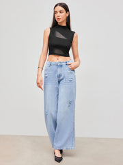 Mesh High Neck Patched Crop Tank Top