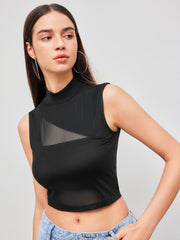 Mesh High Neck Patched Crop Tank Top