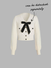 V-neck Bowknot Button Up Knit Crop Cardigan