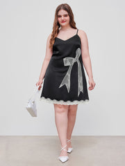 Satin V-neck Bowknot Contrasting Lace Mini Dress Curve & Plus
