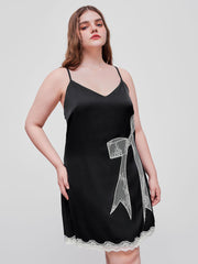 Satin V-neck Bowknot Contrasting Lace Mini Dress Curve & Plus