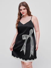 Satin V-neck Bowknot Contrasting Lace Mini Dress Curve & Plus