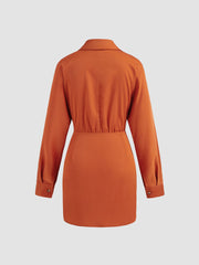 Collar Solid Button Knotted Mini Shirt Dress
