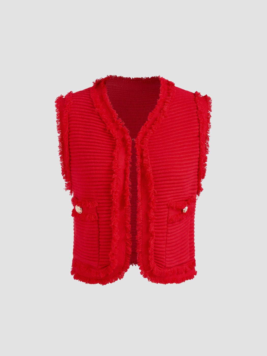 Knit V-neck Solid Raw Hem Texture Crop Vest