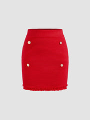 Knit Mid Rise Solid Button Raw Hem Mini Skirt