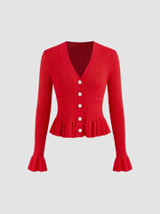 Knit V-neck Solid Button Ruffle Hem Long Sleeve Top