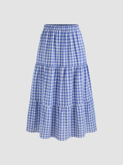 Woven High Rise Gingham Tiered Midi Skirt