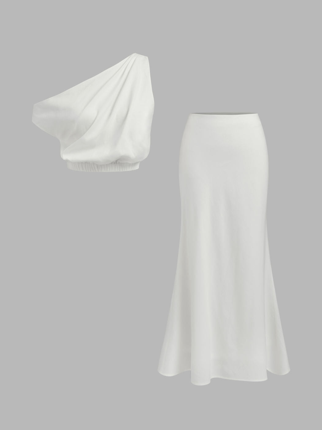 Cotton-blend Asymmetrical Neck Solid Crop Top With Mid Rise Solid Ruffle Maxi Skirt