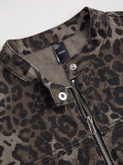 Denim Round Neckline Leopard Jacket