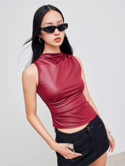 High Neck Solid Asymmetrical Hem Ruched Tank Top