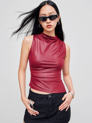 High Neck Solid Asymmetrical Hem Ruched Tank Top