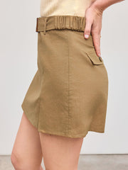 Cotton Linen Mid Rise Solid Skort With Belt