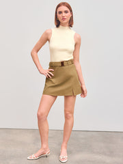 Cotton Linen Mid Rise Solid Skort With Belt