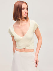 Knit V-neck Solid Crop Short Sleeve Top